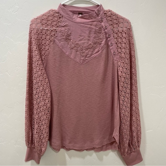 Free People Women's Small Dusty Rose Embroidered Crochet Waffle Knit Blouse Top - Picture 2 of 16